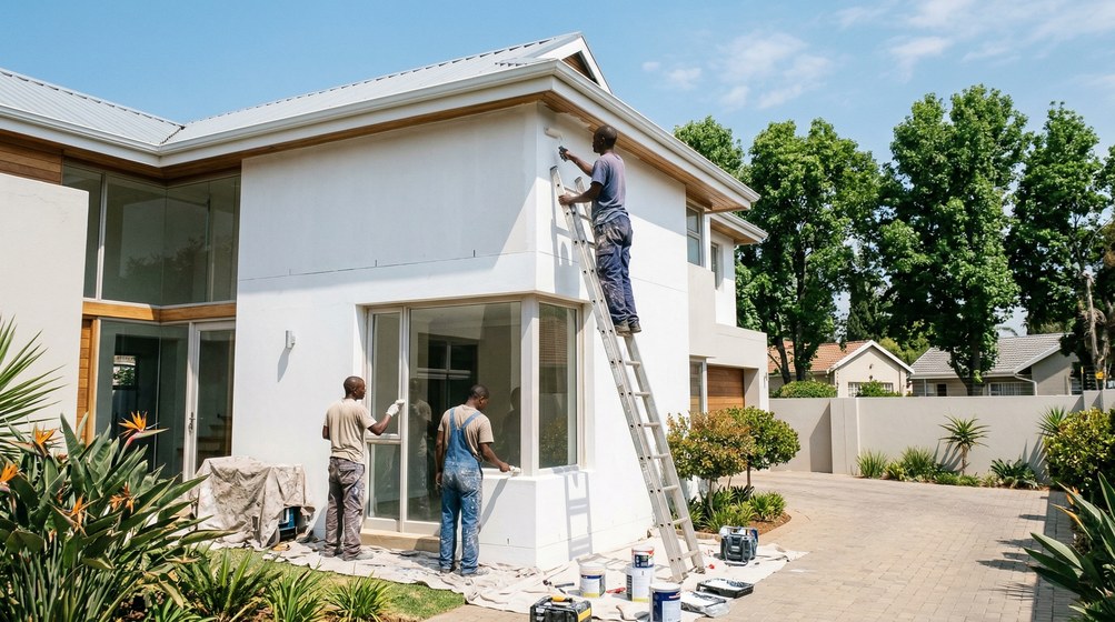 Professional exterior house painters in Rondebosch painting a modern home