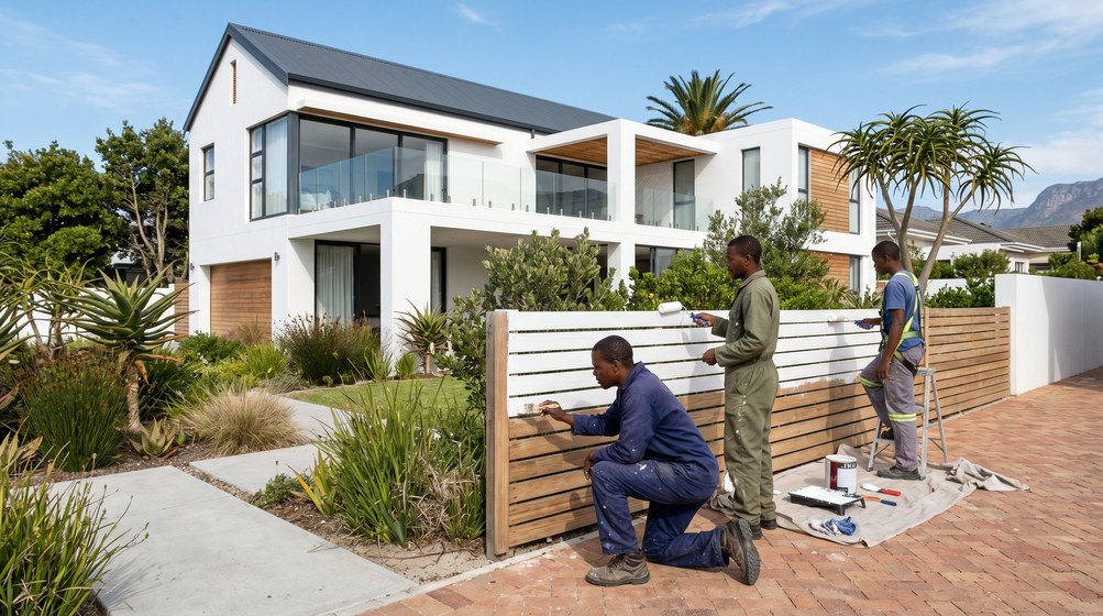 Professional fence painters painting a wooden fence at a coastal home in Rondebosch