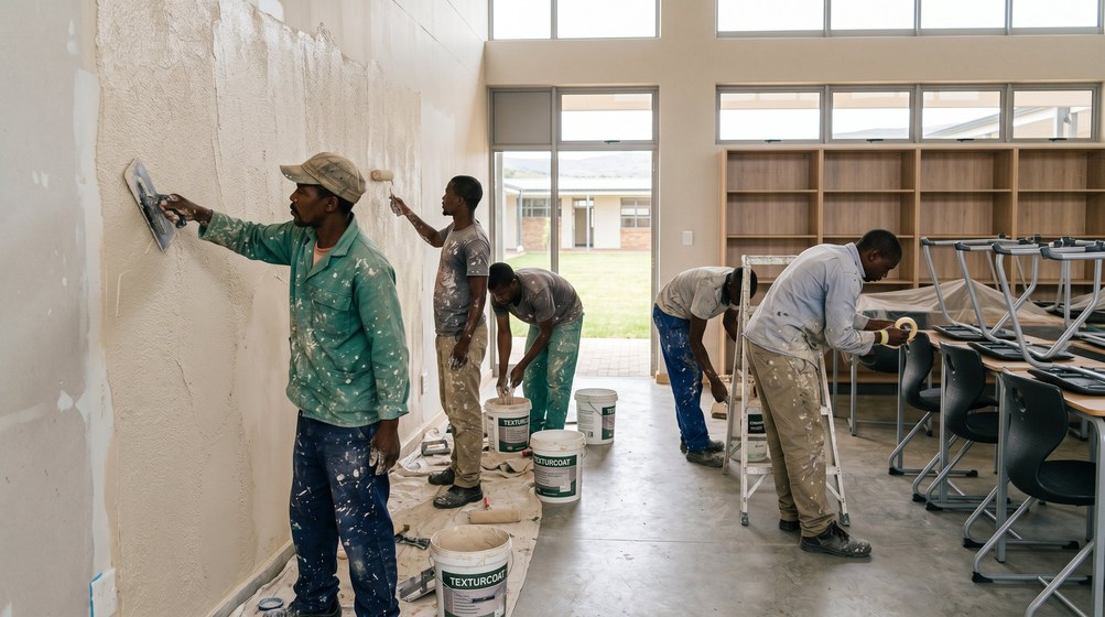 Professional texture coating team applying Texturcoat to interior walls in Rondebosch
