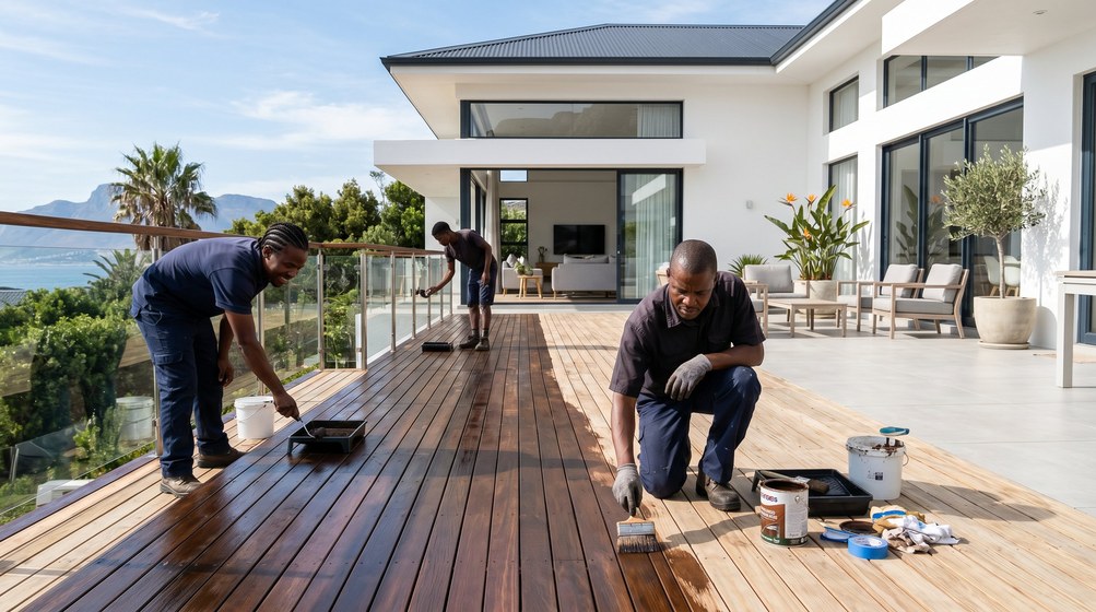 Professional wood staining team applying deck stain overlooking the ocean in Rondebosch